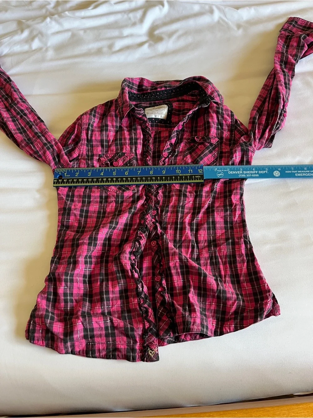 Justice Pink & Black Plaid Metallic Flannel Button Up Shirt Ruffle Size 14